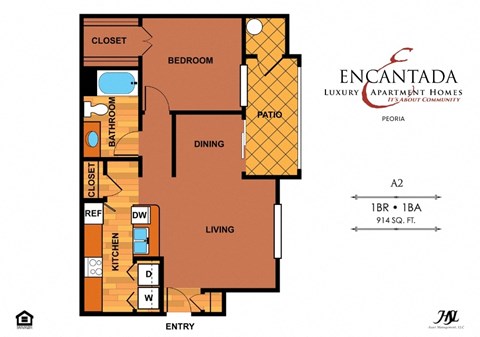 Encantada Peoria A2 floor plan of a 1 bedroom floor plan with a bathroom, dining room and a living room